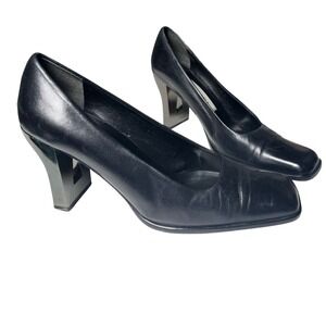 Black Leather Block Heel Pumps Cut-Out Metallic‎ Heel Y2K Statement Shoes